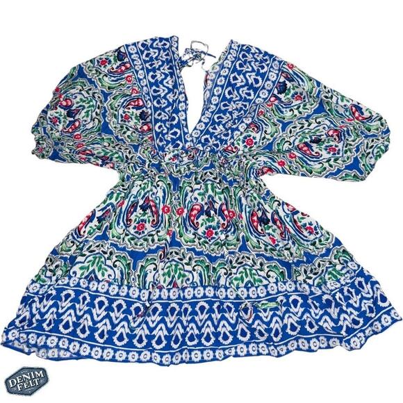 Cupshe Blue Boho Paisley V-Neck Puff Sleeve Mini Dress/Swimsuit Cover Up ~ NEW - Picture 6 of 11